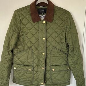 J. Crew Green Quilted Utility Jacket with Brown Collar